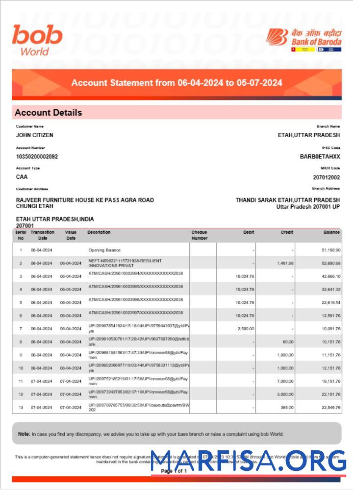 Printable India Bob Bank of Boroda bank statement word template